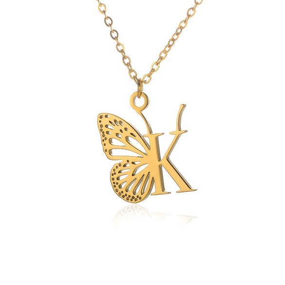 Wholesale Stainless Steel And Copper Letter And Butterfly Pendant Necklace With Electroplating Hollow Design