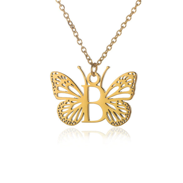 Wholesale Stainless Steel And Copper Letter And Butterfly Pendant Necklace With Electroplating Hollow Design