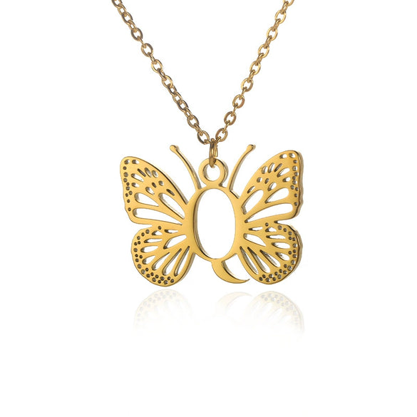 Wholesale Stainless Steel And Copper Letter And Butterfly Pendant Necklace With Electroplating Hollow Design