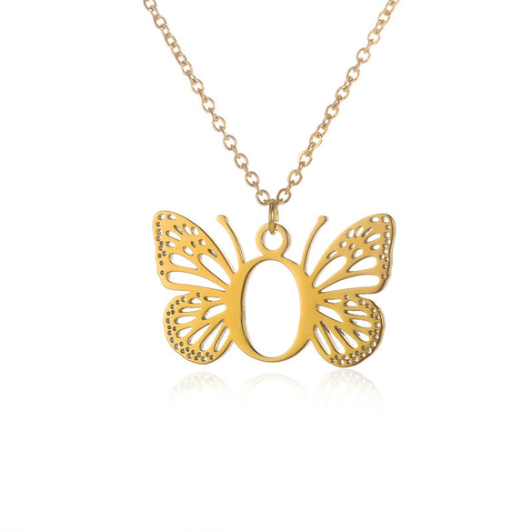 Wholesale Stainless Steel And Copper Letter And Butterfly Pendant Necklace With Electroplating Hollow Design