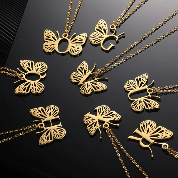 Wholesale Stainless Steel And Copper Letter And Butterfly Pendant Necklace With Electroplating Hollow Design