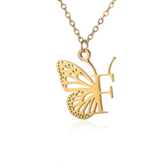 Wholesale Stainless Steel And Copper Letter And Butterfly Pendant Necklace With Electroplating Hollow Design