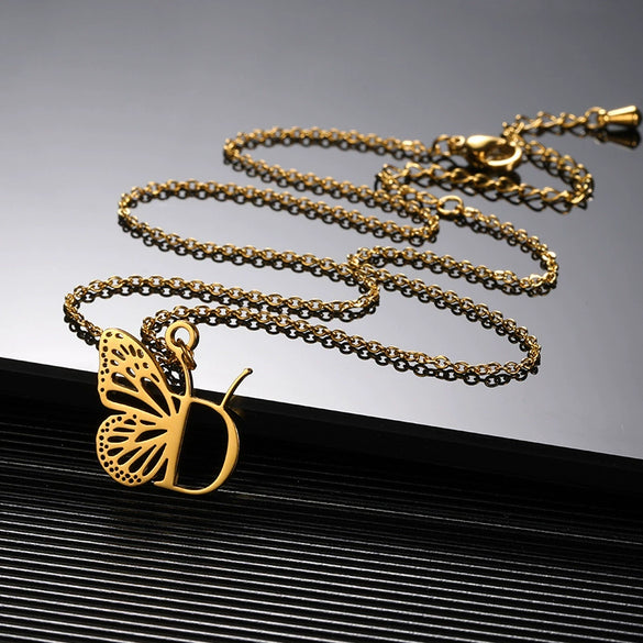 Wholesale Stainless Steel And Copper Letter And Butterfly Pendant Necklace With Electroplating Hollow Design
