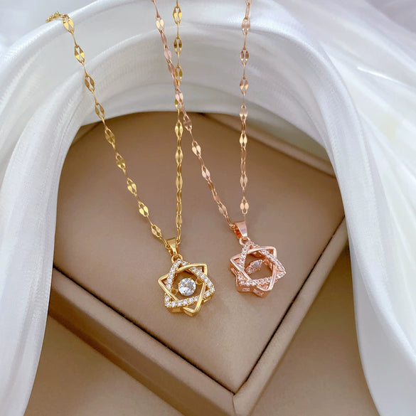 Wholesale Stainless Steel And Copper Sixpointed Star Geometric Light Luxury Elegant Gorgeous Diamond Women's Allmatch Clavicle Necklace