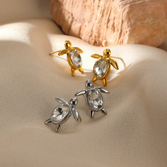 Wholesale Stainless Steel And Copper Zircon Geometric Ocean Turtle Earrings With Electroplating