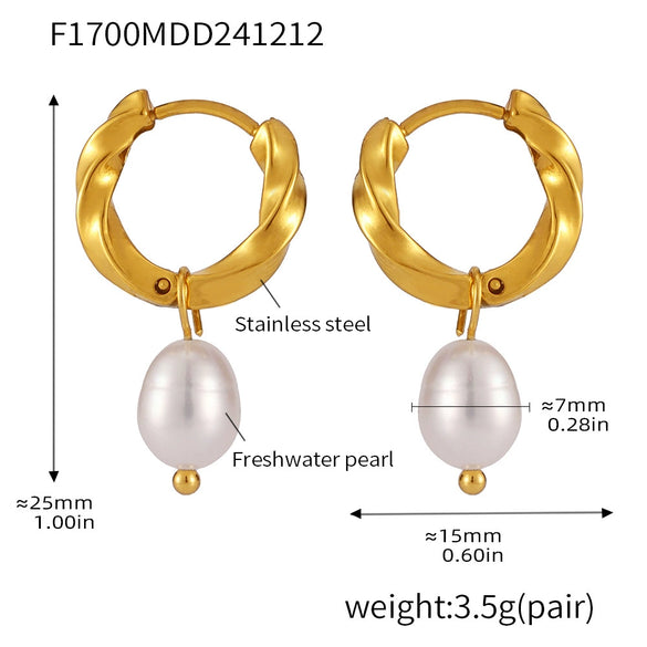 Wholesale Stainless Steel And Freshwater Cultured Pearl Earrings With Twist Buckle Pvd Plated In 18K True Gold Geometric Style