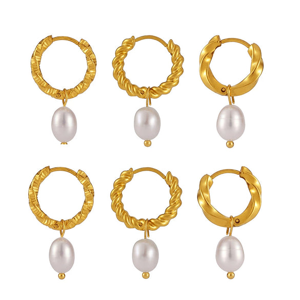 Wholesale Stainless Steel And Freshwater Cultured Pearl Earrings With Twist Buckle Pvd Plated In 18K True Gold Geometric Style