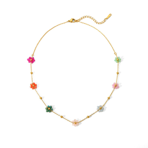 Wholesale Stainless Steel And Organic Glass Beaded Flower Geometric Style Chain Necklace For Women With Electroplating