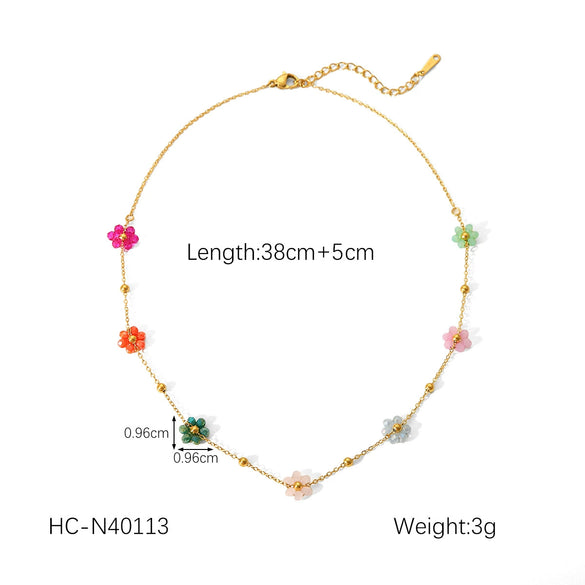 Wholesale Stainless Steel And Organic Glass Beaded Flower Geometric Style Chain Necklace For Women With Electroplating