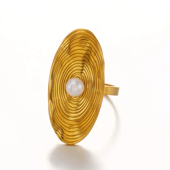 Wholesale Stainless Steel And Pearl Geometric Oval Rotating Stripes Inlaid Ring With Electroplating For Women