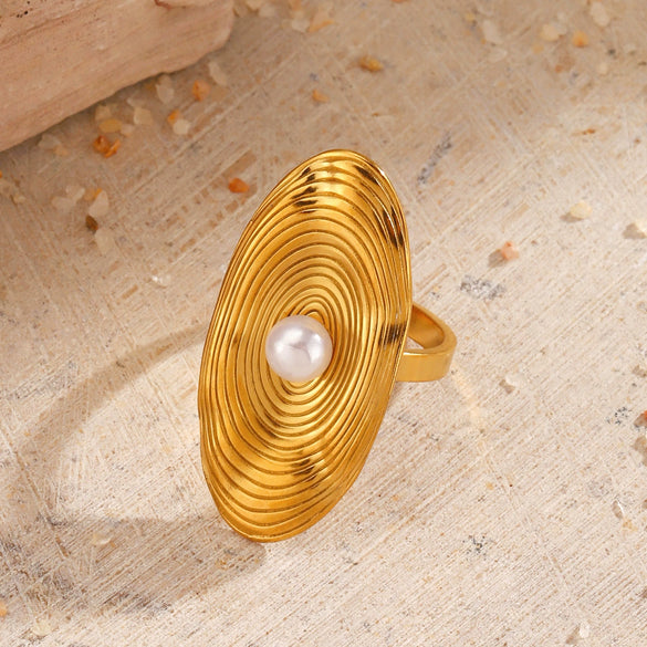 Wholesale Stainless Steel And Pearl Geometric Oval Rotating Stripes Inlaid Ring With Electroplating For Women