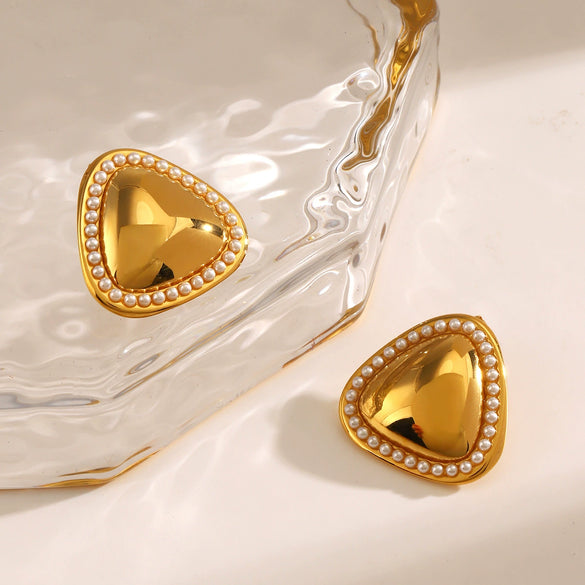 Wholesale Stainless Steel And Pearl Inlaid Geometric Triangle Earrings For Women With Electroplating Treatment
