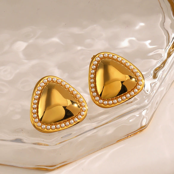 Wholesale Stainless Steel And Pearl Inlaid Geometric Triangle Earrings For Women With Electroplating Treatment