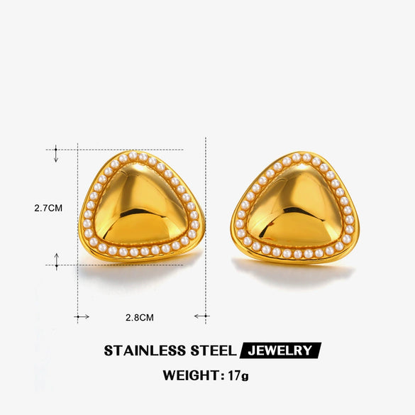 Wholesale Stainless Steel And Pearl Inlaid Geometric Triangle Earrings For Women With Electroplating Treatment