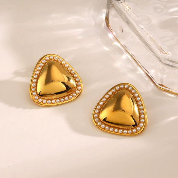 Wholesale Stainless Steel And Pearl Inlaid Geometric Triangle Earrings For Women With Electroplating Treatment