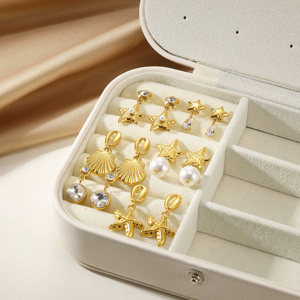 Wholesale Stainless Steel And Pearl Mini Flower Fivepointed Star Pendant Earrings Set With Electroplating