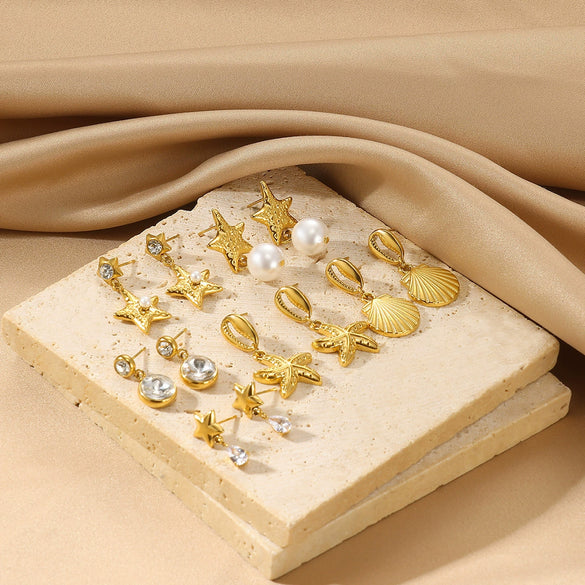 Wholesale Stainless Steel And Pearl Mini Flower Fivepointed Star Pendant Earrings Set With Electroplating