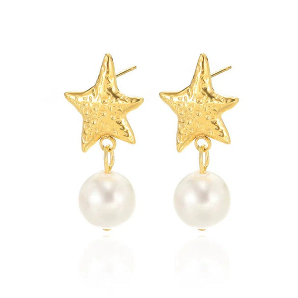 Wholesale Stainless Steel And Pearl Mini Flower Fivepointed Star Pendant Earrings Set With Electroplating