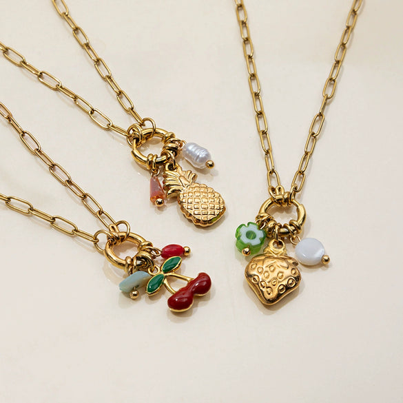 Wholesale Stainless Steel And Pearl Necklace With Geometric Pattern Electroplated For Women