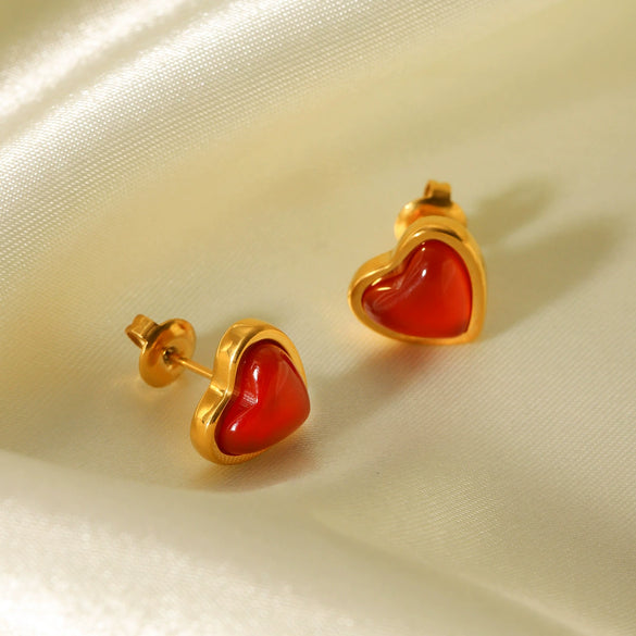 Wholesale Stainless Steel And Red Agate Heartshaped Geometric Inlaid Electroplated Women's Earrings