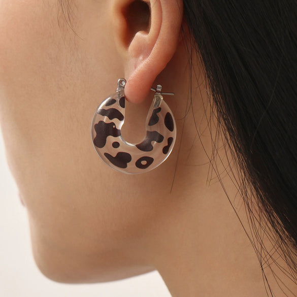 Wholesale Stainless Steel And Resin U Shaped Leopard Print Electroplated Women's Earrings