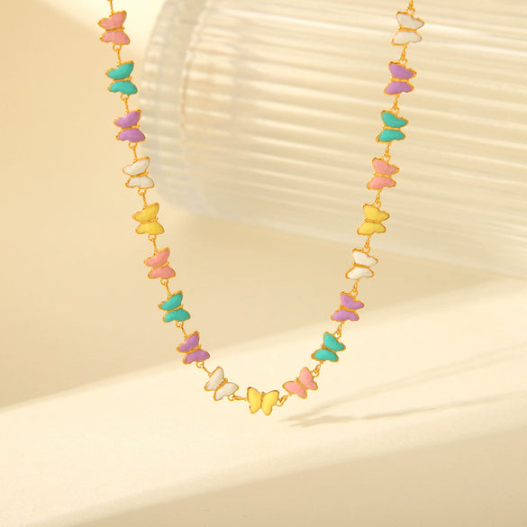 Wholesale Stainless Steel And Titanium Steel Animals Geometric Electroplating Oil Drop Butterfly Clavicle Necklace For Women
