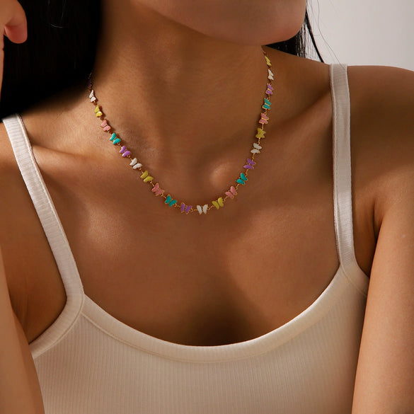 Wholesale Stainless Steel And Titanium Steel Animals Geometric Electroplating Oil Drop Butterfly Clavicle Necklace For Women