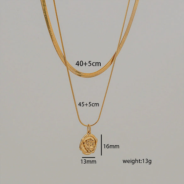 Wholesale Stainless Steel And Titanium Steel Blade Chain Double Layer Stacked Rose Short Necklace For Women With Gold Plated Electroplating