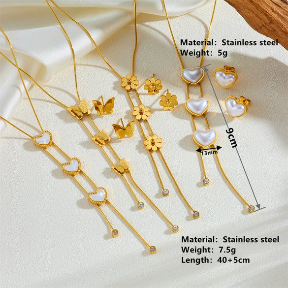 Wholesale Stainless Steel And Titanium Steel Butterfly Tassel Necklace And Earrings Set With Love Water Drops And Bell Patterns