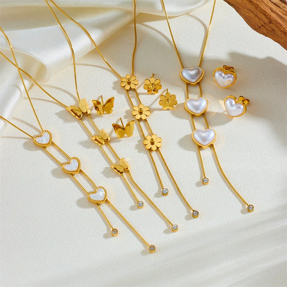 Wholesale Stainless Steel And Titanium Steel Butterfly Tassel Necklace And Earrings Set With Love Water Drops And Bell Patterns