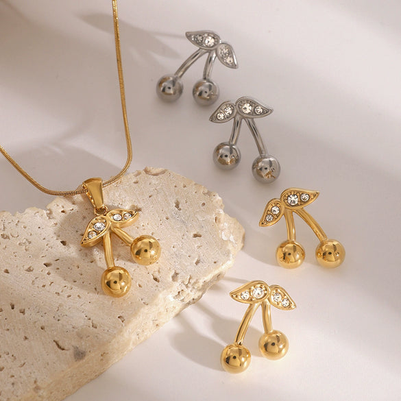 Wholesale Stainless Steel And Titanium Steel Cherry Shaped Pendant Necklace And Earrings With Electroplating Sweet Style Jewelry