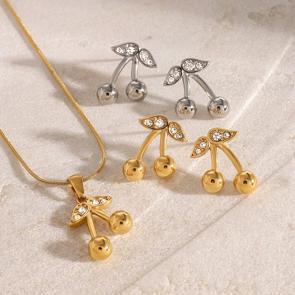 Wholesale Stainless Steel And Titanium Steel Cherry Shaped Pendant Necklace And Earrings With Electroplating Sweet Style Jewelry