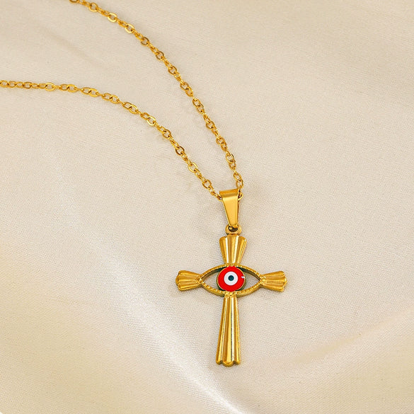 Wholesale Stainless Steel And Titanium Steel Devil's Eye Cross Geometric Pendant Necklace For Women With Electroplating