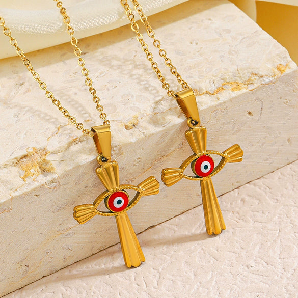 Wholesale Stainless Steel And Titanium Steel Devil's Eye Cross Geometric Pendant Necklace For Women With Electroplating