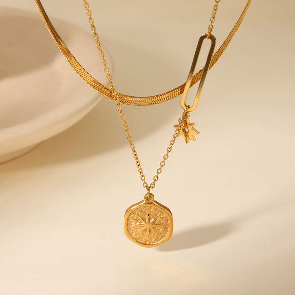 Wholesale Stainless Steel And Titanium Steel Doublelayer Stacked Blade Chain Necklace With Embossed Eightpointed Star Geometric Pendant Electroplated Women's Ins Style