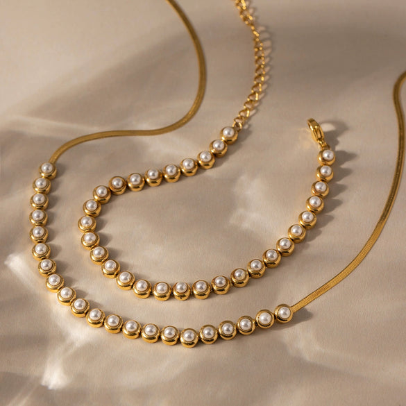 Wholesale Stainless Steel And Titanium Steel Electroplated Geometric Pearl Jewelry Set For Women Necklaces And Bracelets