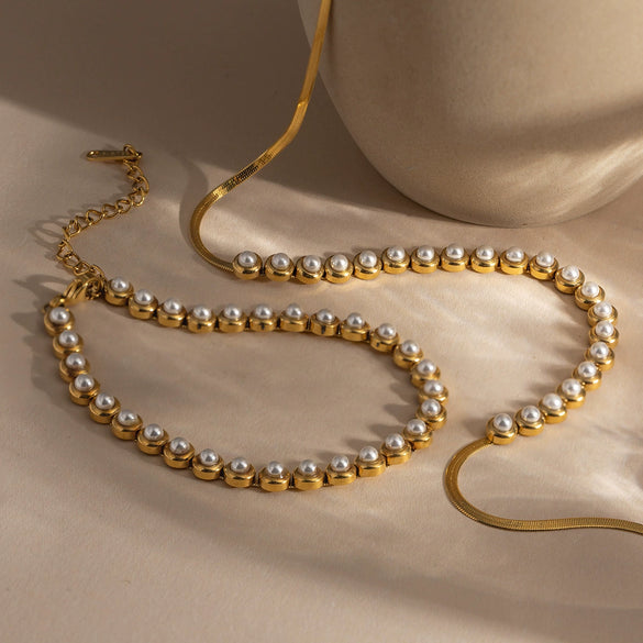 Wholesale Stainless Steel And Titanium Steel Electroplated Geometric Pearl Jewelry Set For Women Necklaces And Bracelets