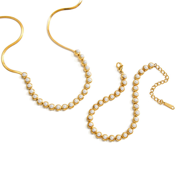 Wholesale Stainless Steel And Titanium Steel Electroplated Geometric Pearl Jewelry Set For Women Necklaces And Bracelets