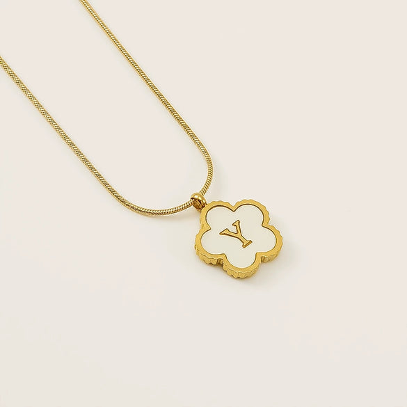 Wholesale Stainless Steel And Titanium Steel Five Leaf Clover And Letter Pendant Necklace With Electroplating Fashion Style