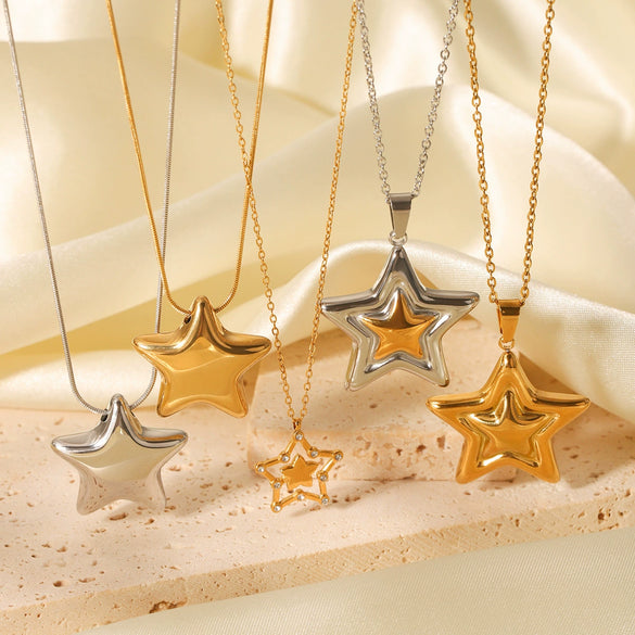 Wholesale Stainless Steel And Titanium Steel Fivepointed Star Pendant Necklace With O Word Chain And Electroplating