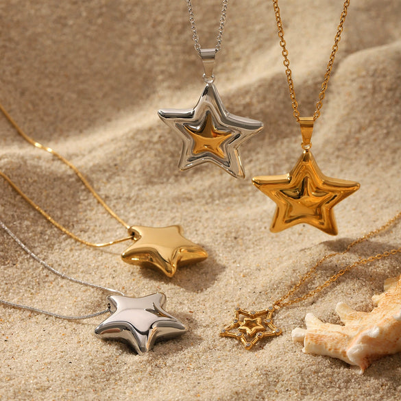 Wholesale Stainless Steel And Titanium Steel Fivepointed Star Pendant Necklace With O Word Chain And Electroplating
