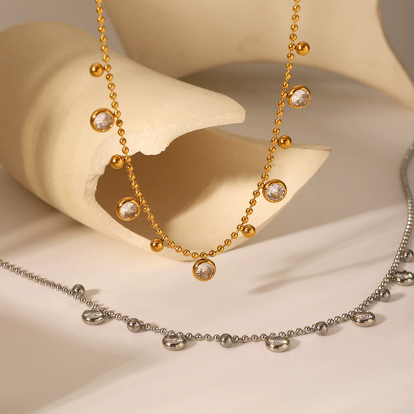 Wholesale Stainless Steel And Titanium Steel Geometric Ball Chain Tassel Zircon Women's Necklace
