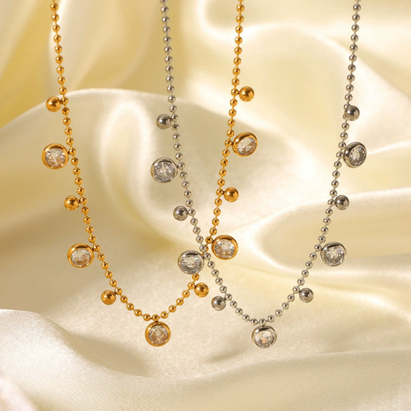 Wholesale Stainless Steel And Titanium Steel Geometric Ball Chain Tassel Zircon Women's Necklace
