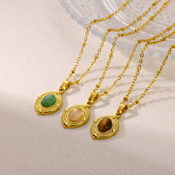 Wholesale Stainless Steel And Titanium Steel Geometric Clavicle Chain Necklace With Turquoise And Tiger Eye Stone Gold Plated In Palace Style