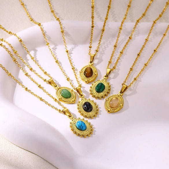 Wholesale Stainless Steel And Titanium Steel Geometric Clavicle Chain Necklace With Turquoise And Tiger Eye Stone Gold Plated In Palace Style