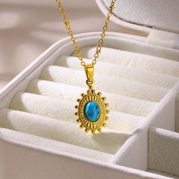Wholesale Stainless Steel And Titanium Steel Geometric Clavicle Chain Necklace With Turquoise And Tiger Eye Stone Gold Plated In Palace Style