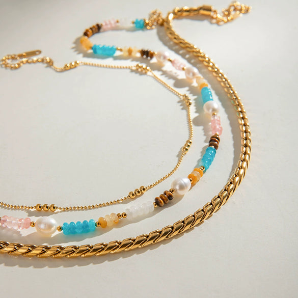 Wholesale Stainless Steel And Titanium Steel Geometric Design Electroplated Natural Stone Bead String Necklace For Women