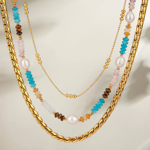 Wholesale Stainless Steel And Titanium Steel Geometric Design Electroplated Natural Stone Bead String Necklace For Women