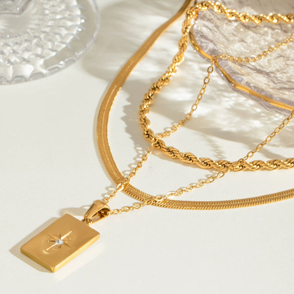 Wholesale Stainless Steel And Titanium Steel Geometric Star Square Pendant Multilayer Stacked Women's Necklace With Electroplating