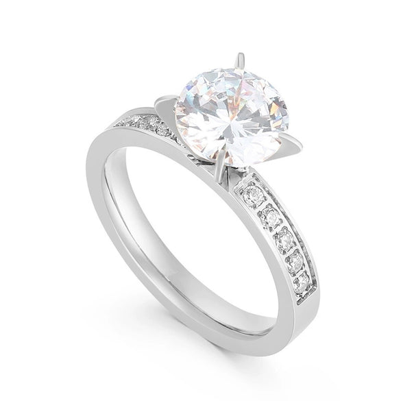 Wholesale Stainless Steel And Titanium Steel Geometric Zircon Women's Ring With Fourclaw Design And Electroplating